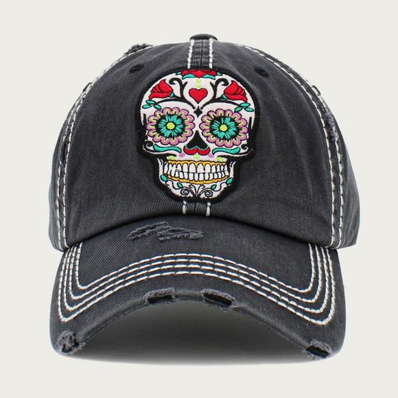 Day of the Dead Adjustable Distressed Denim Skeleton Baseball Cap - Picture 1 of 3